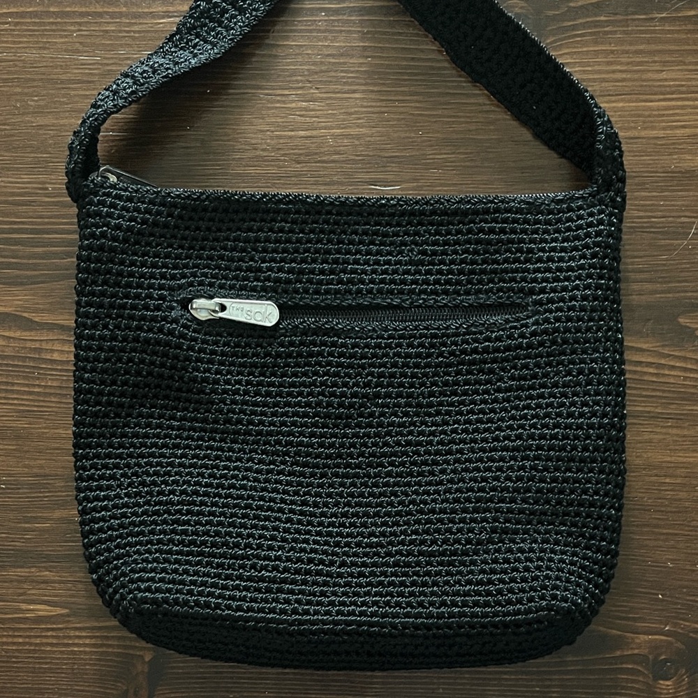 Vintage The Sak Black Crochet Shoulder Bag Sleek Everyday Handbag Y2K Boho